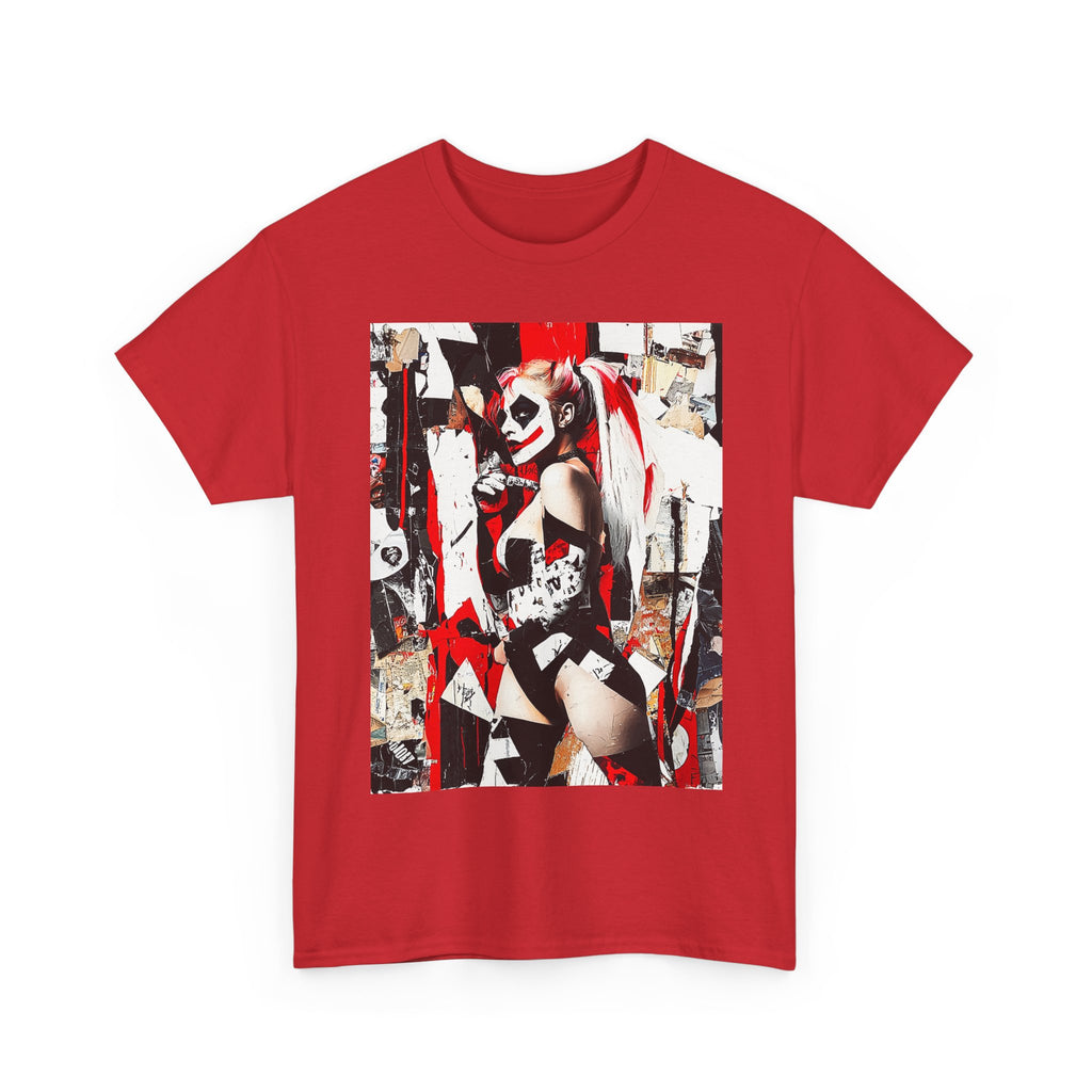 Red unisex t-shirt featuring a stylized Harley Quinn graphic with black and white comic-style accents