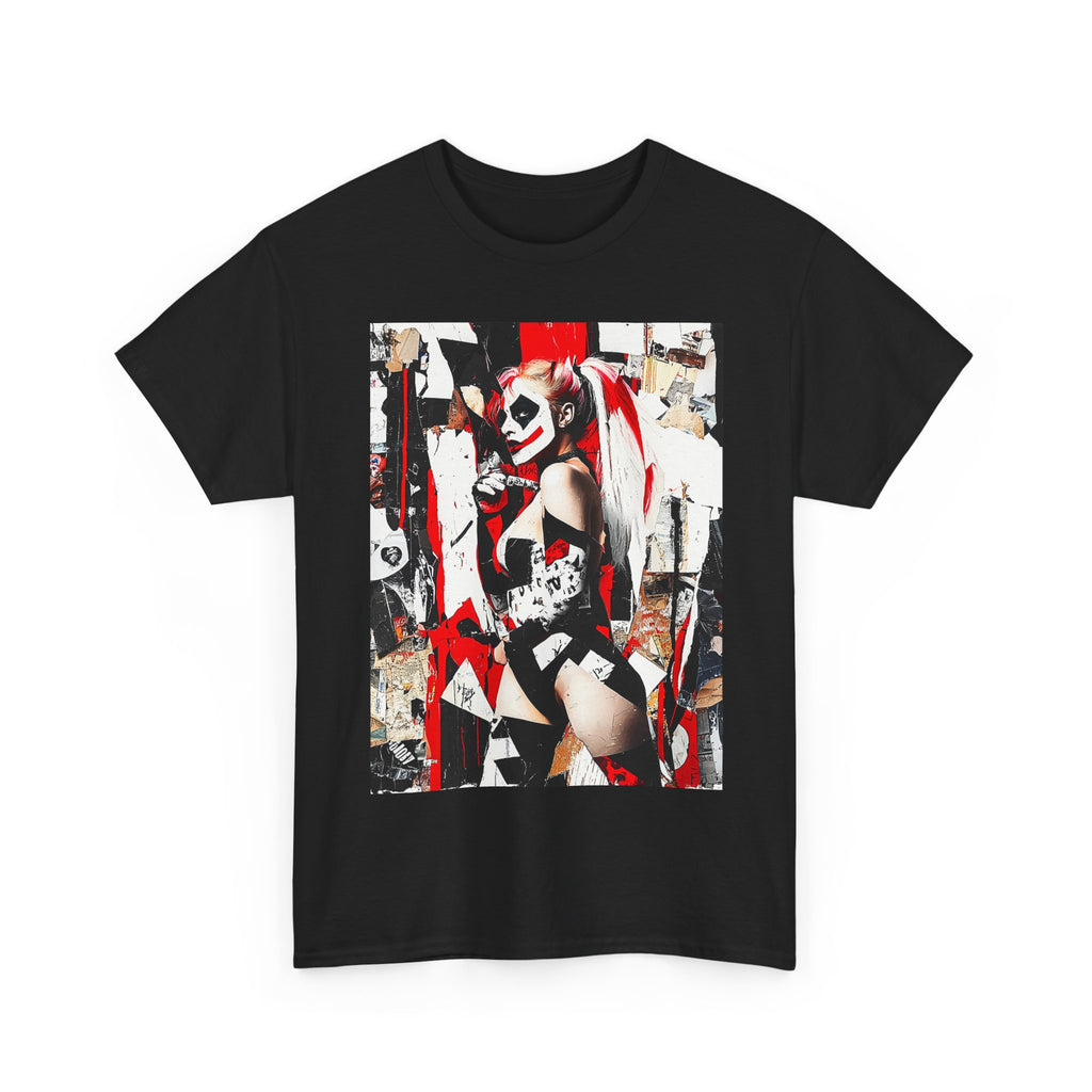Black unisex t-shirt featuring a stylized Harley Quinn graphic with black and white comic-style accents