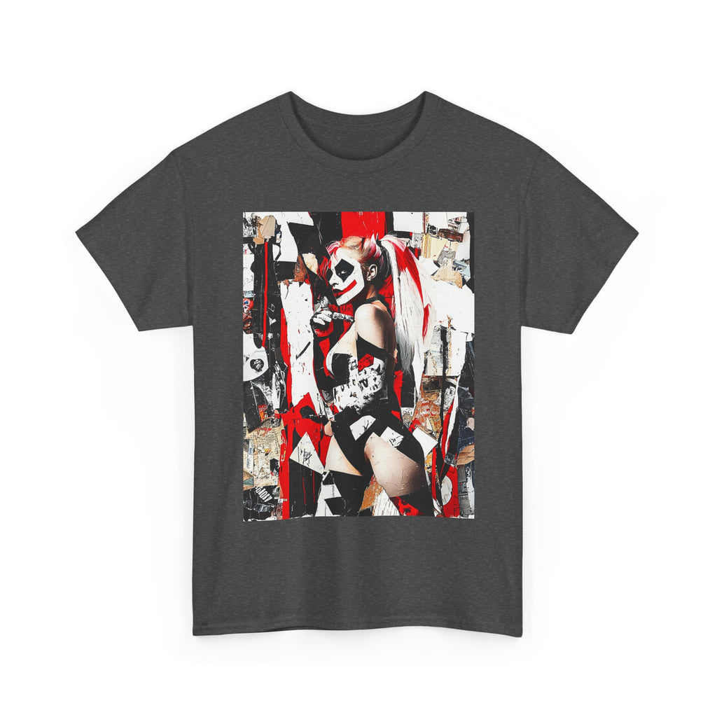 Cotton unisex t-shirt featuring a stylized Harley Quinn graphic with black and white comic-style accents